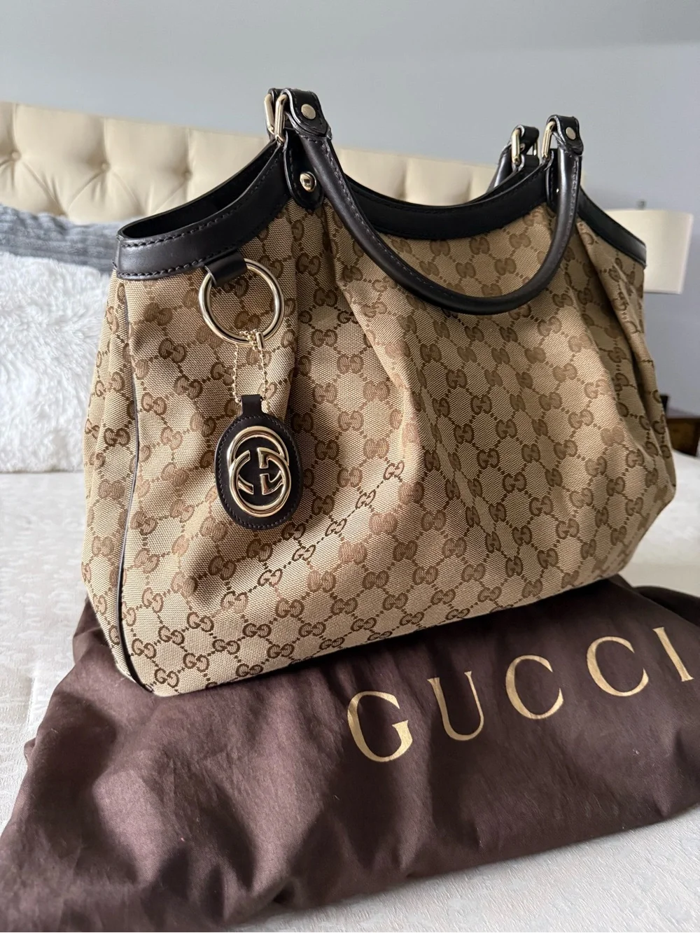 Gucci Beige Brown GG Canvas Shoulder Bag with Dark Brown Leather